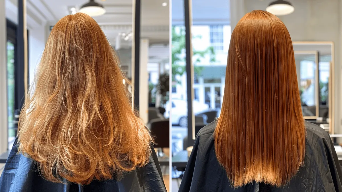 Side-by-side visual comparing hair botox and keratin treatments: two women with smooth shiny hair, one with natural volume, one very sleek, in a salon setting.