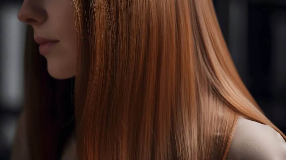 Woman with healthy, smooth shiny hair after hair botox treatment, sitting in a modern bright salon.