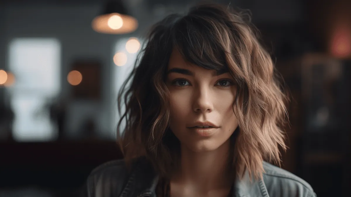 Close-up portrait of a young woman with a shaggy, layered wolf cut hairstyle and soft fringe, in a bright modern salon setting.