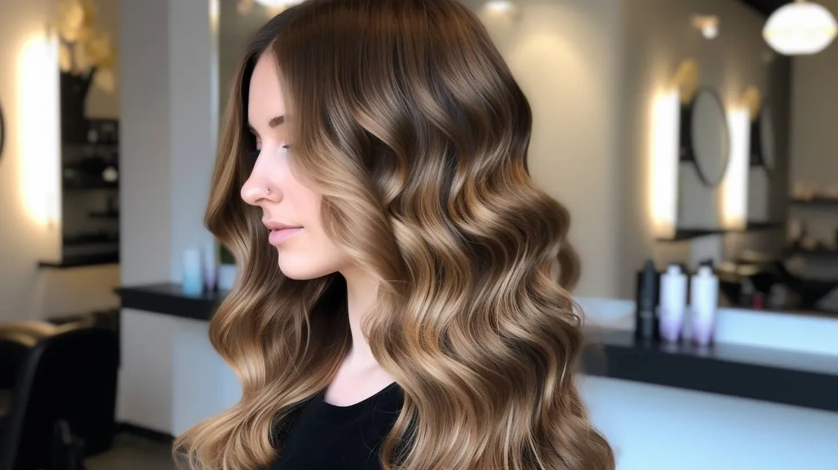 Close-up of a woman seated in a bright, airy salon chair, her tight curly hair showing multi-tonal blonde highlights, with the salon interior softly blurred in the background.
