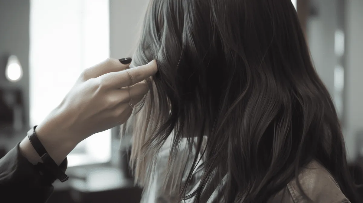 Close-up of a stylist’s hand adjusting long, layered wolf cut hair with soft waves, showing subtle texture and shape in a bright salon setting.