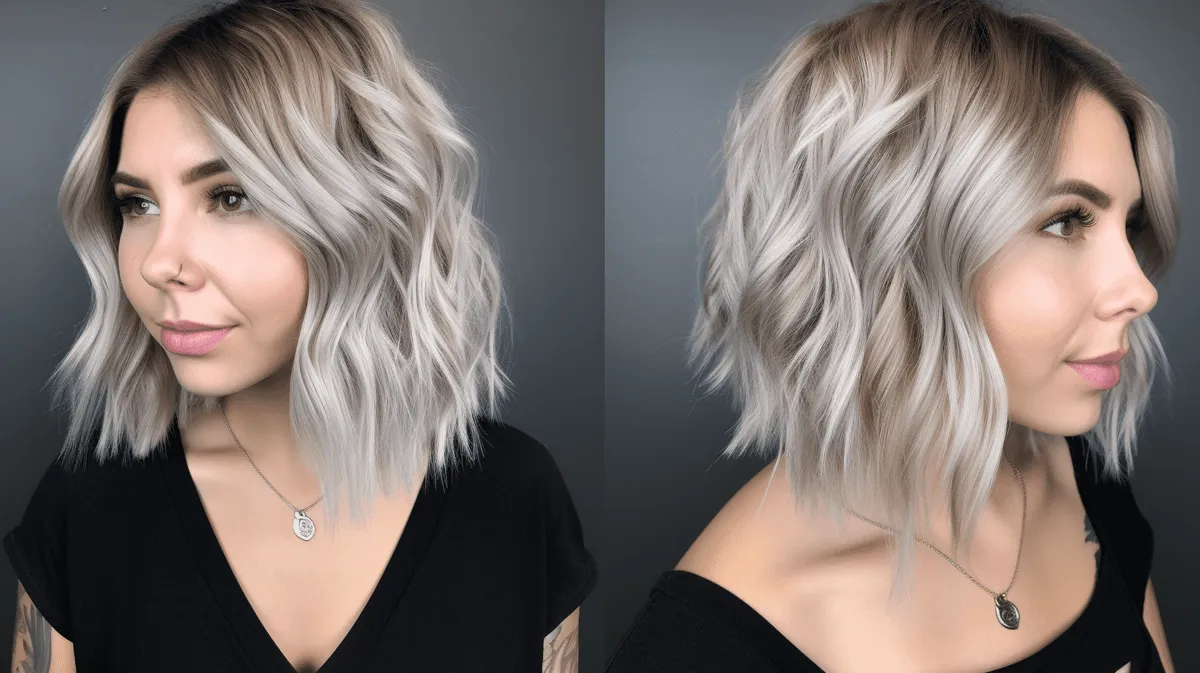 Front and side close-up views of a woman with a shoulder-length wolf cut hairstyle, featuring choppy layers and soft waves, highlighting the textured style