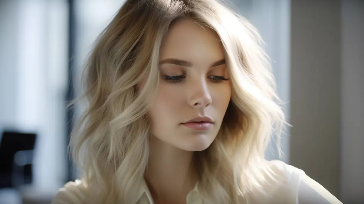 Close-up of a young woman with a soft, feathered wolf cut hairstyle featuring blended layers and gentle waves, sitting in a bright modern salon.