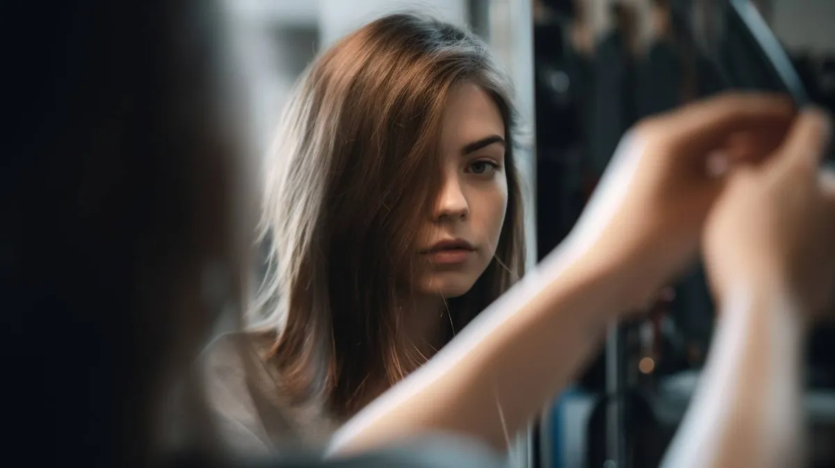 Young woman with a layered wolf cut looking at her reflection in a salon mirror while a stylist adjusts her hair, showing how the style suits different face shapes and hair types