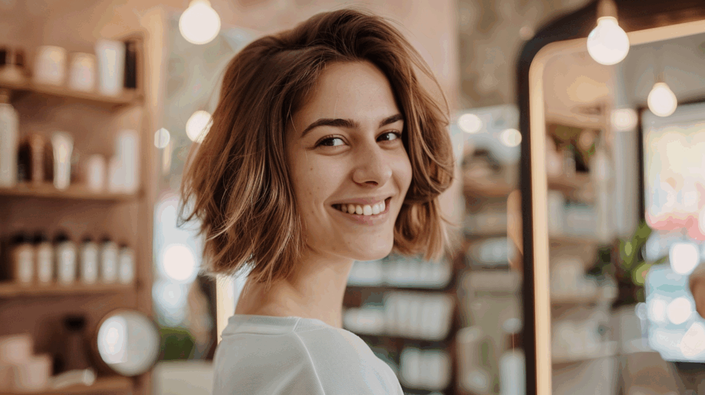 Image of woman with short hair with added volume by hair extensions