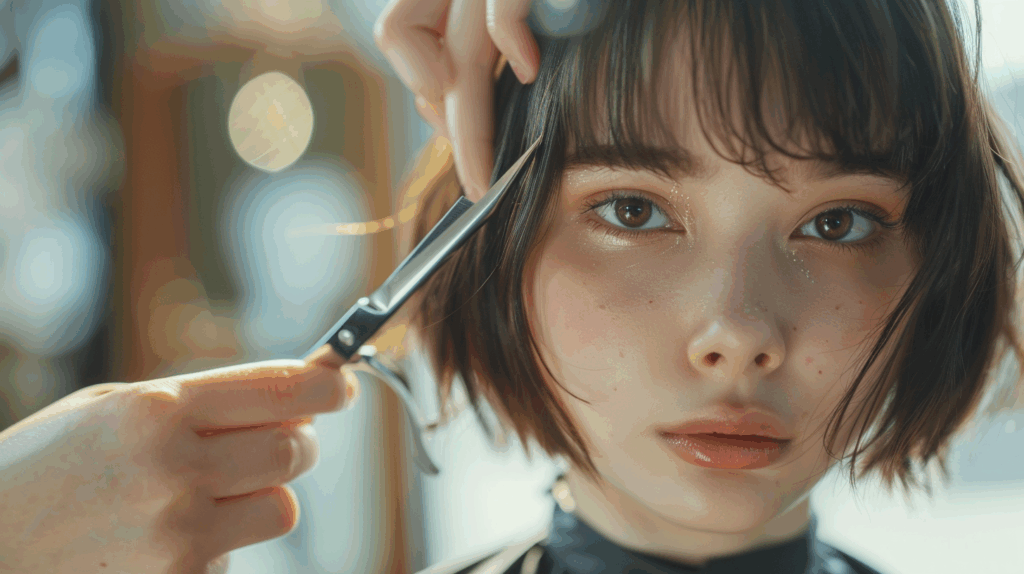 Image of woman having her hair short hair seamlessly blended with hair extensions