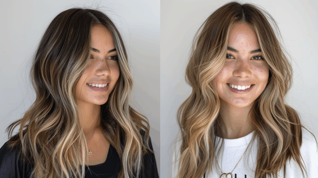 image of the same woman with Balayage and highlights