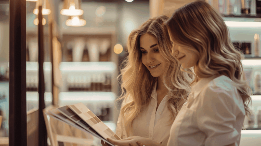 Image of a stylist explaining balayage to a client