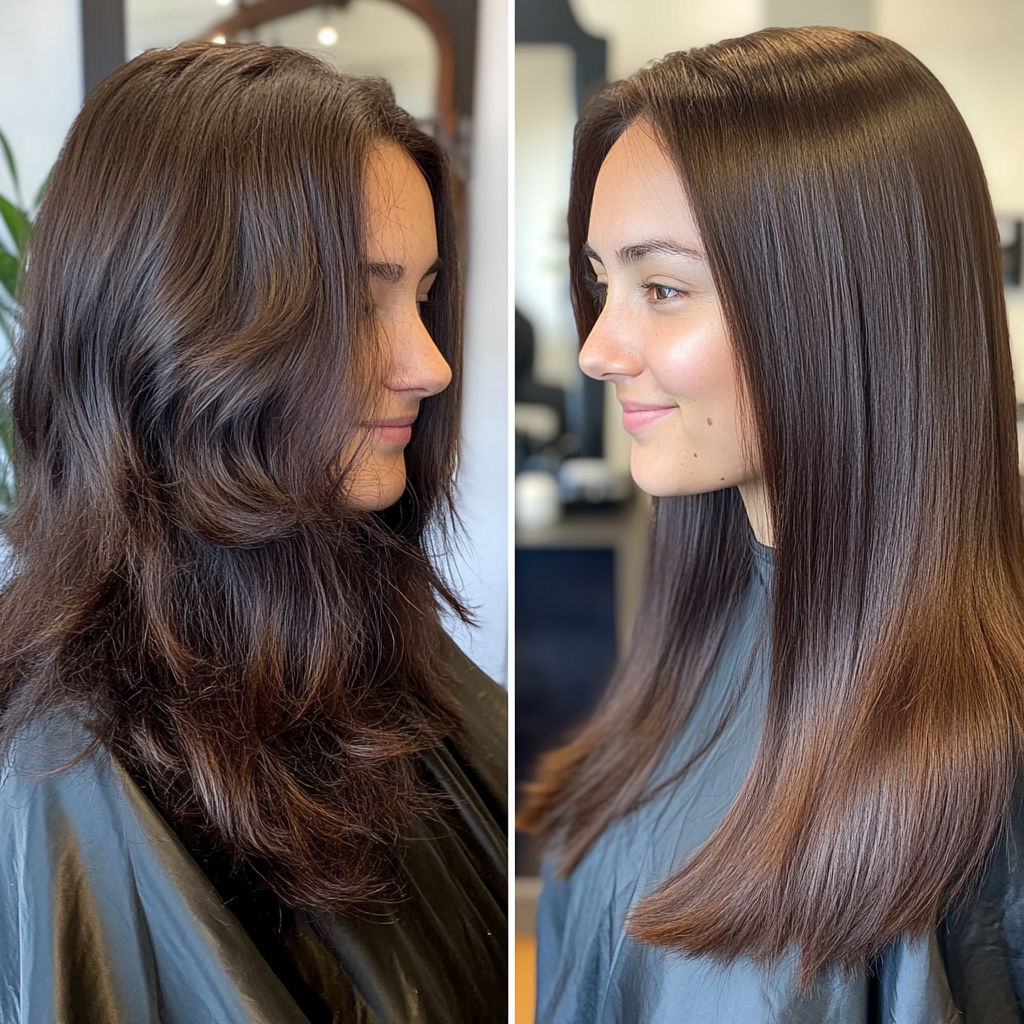 Before and after comparison of a woman’s hair treated with Image London’s keratin hair treatment, showing the transformation from frizzy, wavy hair to sleek, smooth, shiny straight hair.