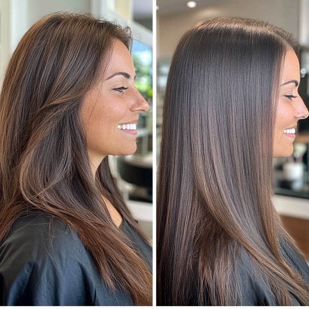 Before and after image of a woman’s hair showing the change from voluminous, frizzy layers to sleek, straight, glossy hair after an Image London keratin hair treatment.