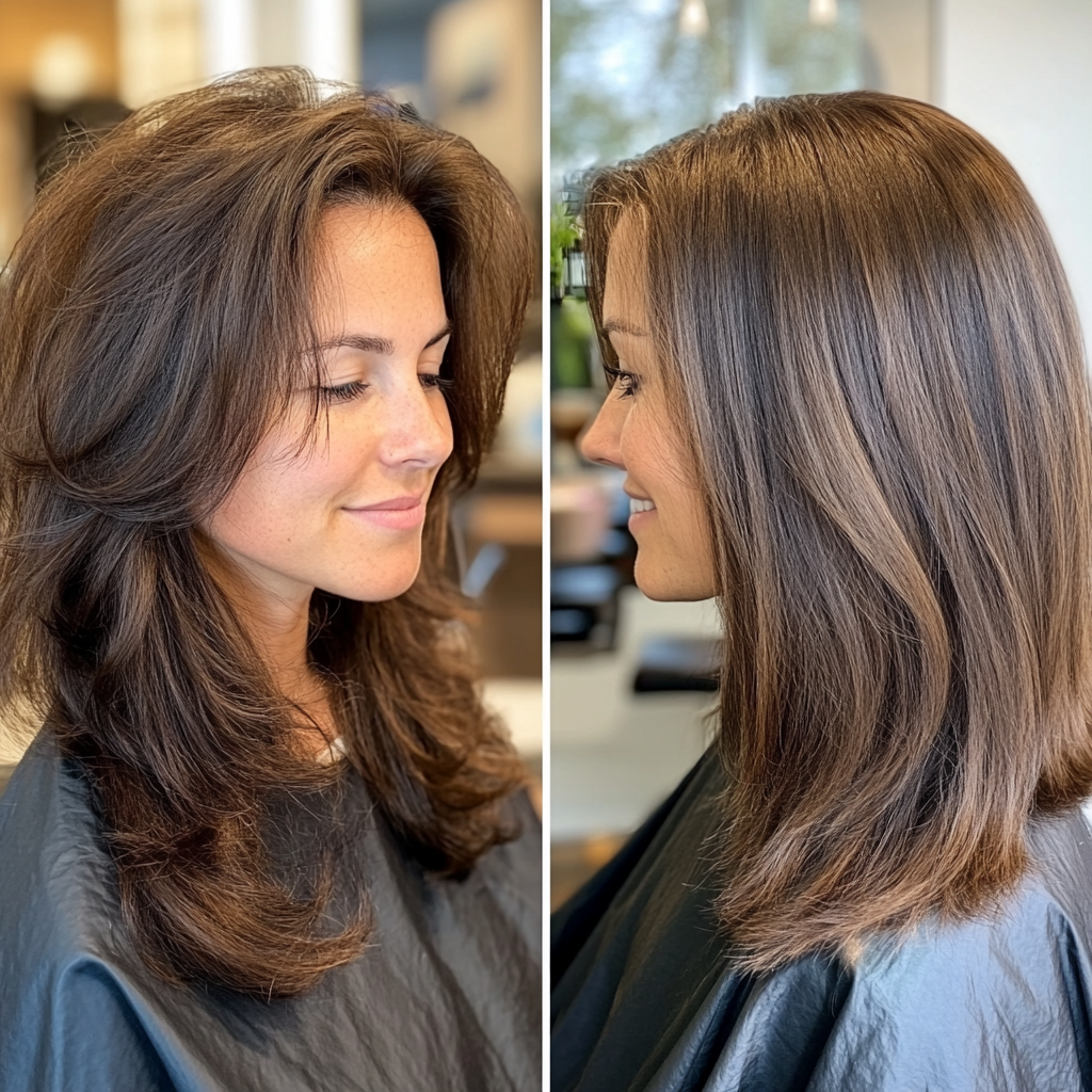 Before and after photo of a woman’s hair showing the transformation from frizzy, voluminous layers to smooth, sleek, healthy-looking hair after an Image London keratin hair treatment.