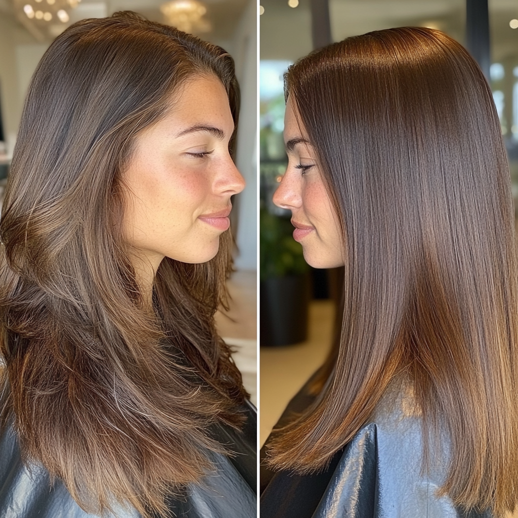 Before and after photo of a woman’s hair showing the transformation from dry, layered hair to smooth, glossy, straight hair after an Image London keratin treatment.