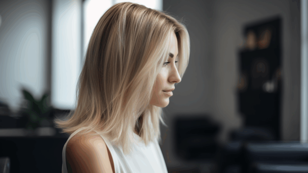 Side-profile close-up of a woman with shoulder-length blonde highlighted hair, seated in a bright, airy salon chair with the modern salon interior softly blurred in the background.