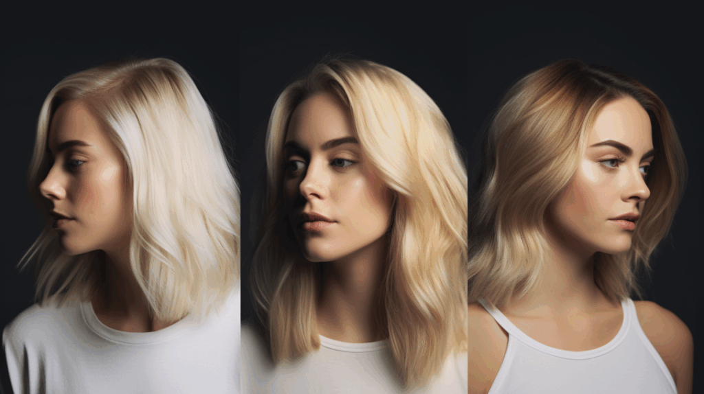 Three close-up side profiles of women (age 25–45) in a bright, airy salon setting, each showcasing a different shade of blonde highlights—from cool platinum on the left, to warm honey-blonde in the centre, to a soft beige-blonde with darker roots on the right