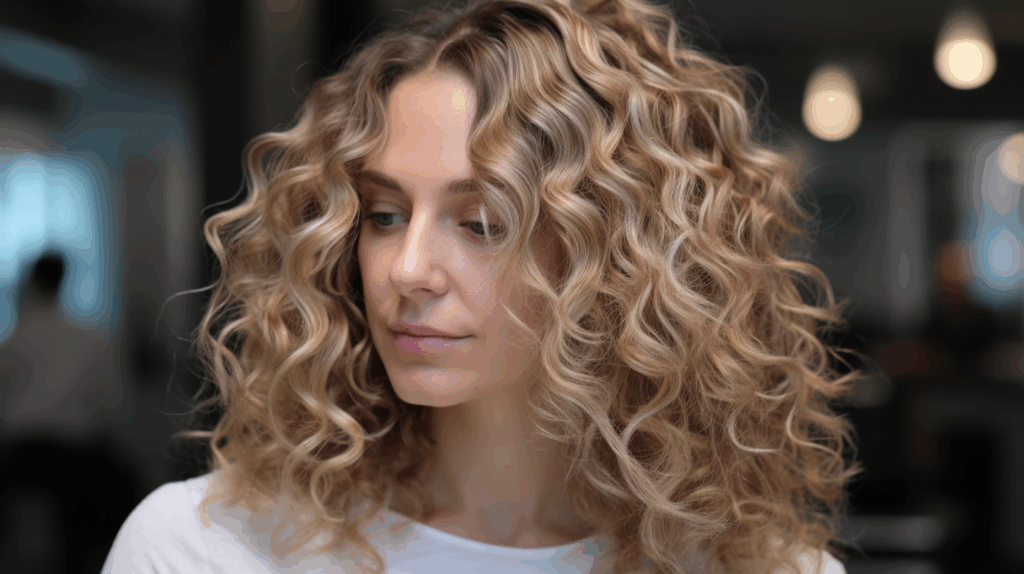 Close-up of a woman seated in a bright, airy salon chair, her tight curly hair showing multi-tonal blonde highlights, with the salon interior softly blurred in the background.