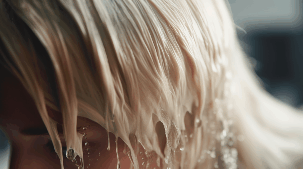 Extreme close-up of damp blonde hair strands with water droplets cascading down over a white salon sink, set against a softly blurred bright salon background.