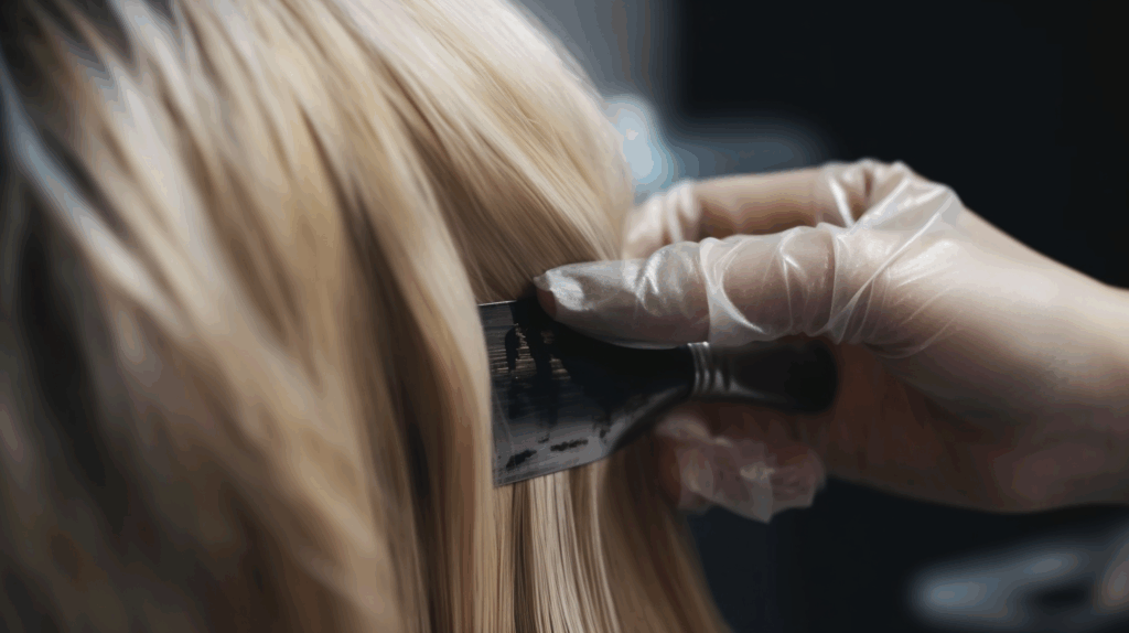 Extreme close-up of a gloved hand sectioning a thin strand of blonde hair with a highlighting brush in a freehand balayage technique, set against a softly blurred, bright airy salon background.