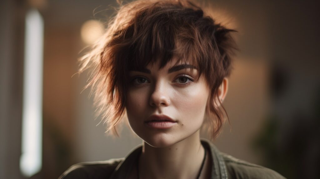 Close-up portrait of a young woman with an edgy, tousled messy wolf cut hairstyle featuring choppy layers and fringe, in a bright modern salon setting