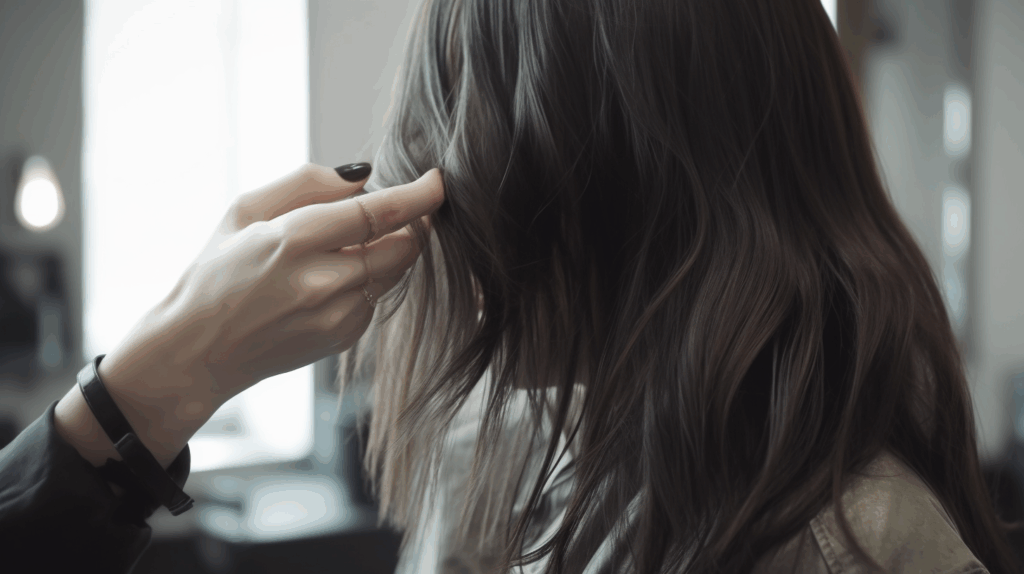 Close-up of a stylist’s hand adjusting long, layered wolf cut hair with soft waves, showing subtle texture and shape in a bright salon setting.
