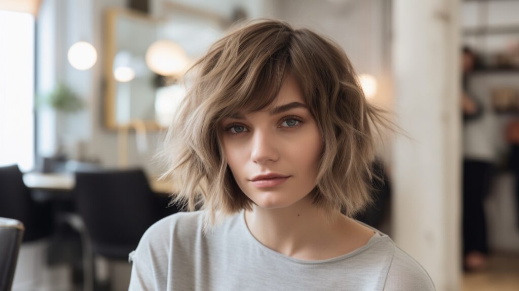 Young woman with a short, choppy wolf cut hairstyle featuring textured layers and a soft fringe, sitting in a bright modern salon.