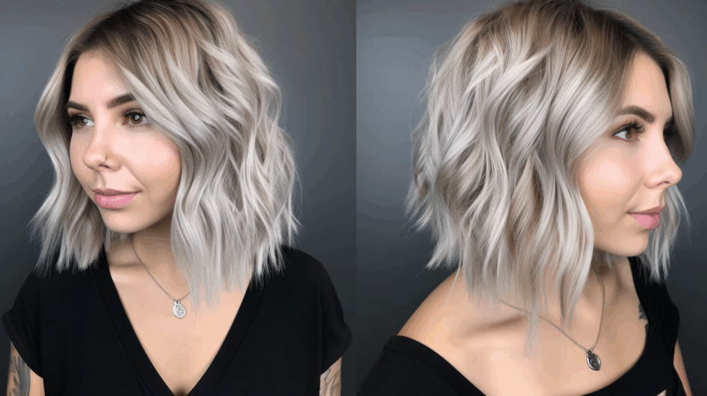 Front and side close-up views of a woman with a shoulder-length wolf cut hairstyle, featuring choppy layers and soft waves, highlighting the textured style