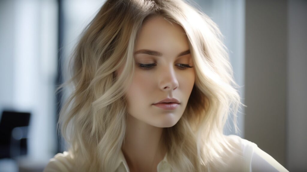 Close-up of a young woman with a soft, feathered wolf cut hairstyle featuring blended layers and gentle waves, sitting in a bright modern salon.
