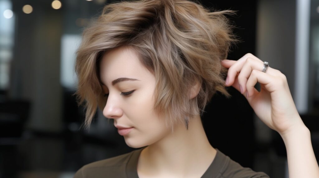 Side profile close-up of a young woman tousling her short layered wolf cut hairstyle with her fingers, showing how to style it at home in a bright modern salon.
