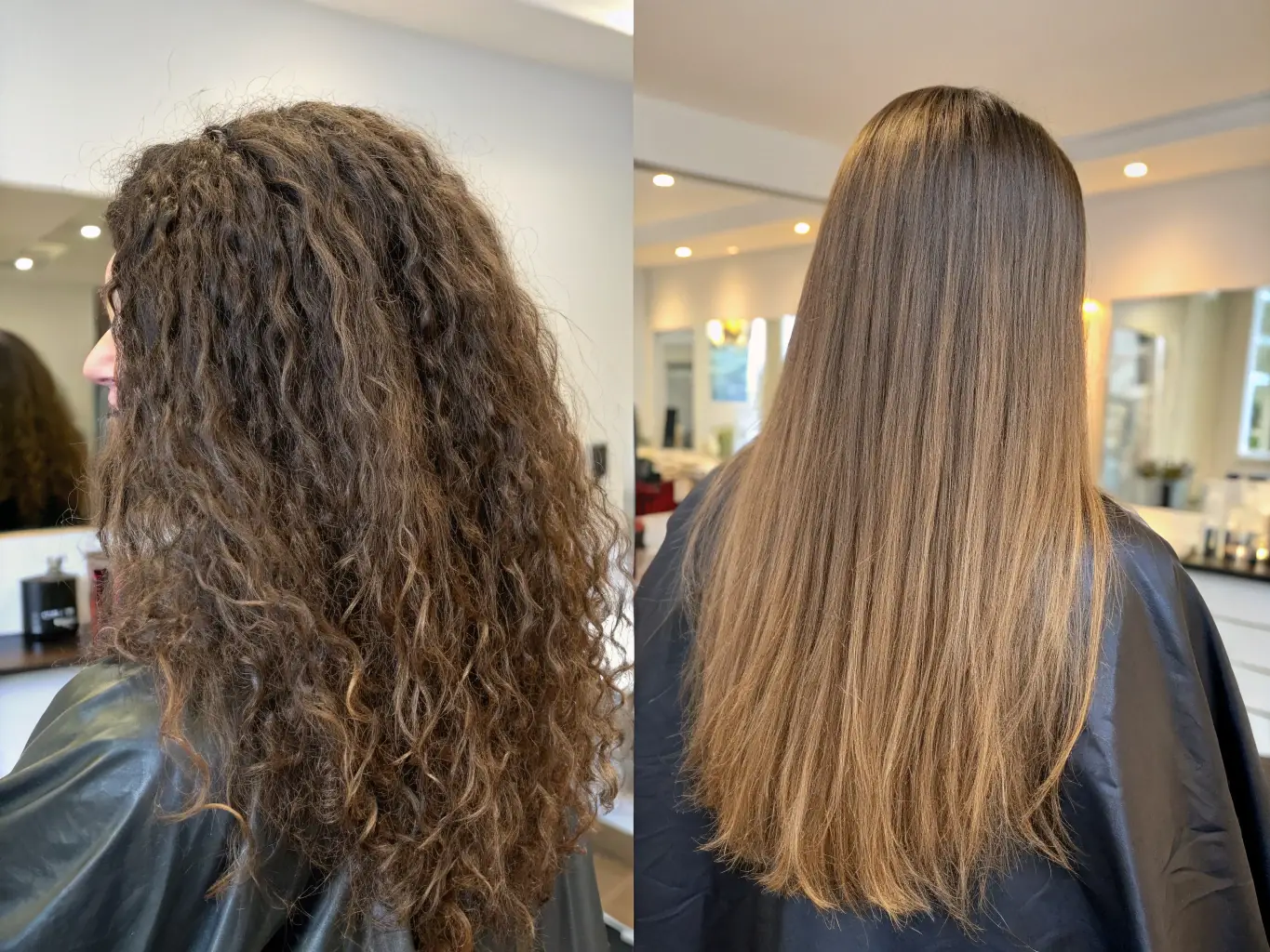 A split-screen image showing a before-and-after of a woman with frizzy hair on the left and sleek, straight hair on the right after a keratin treatment. The background is a modern salon setting.