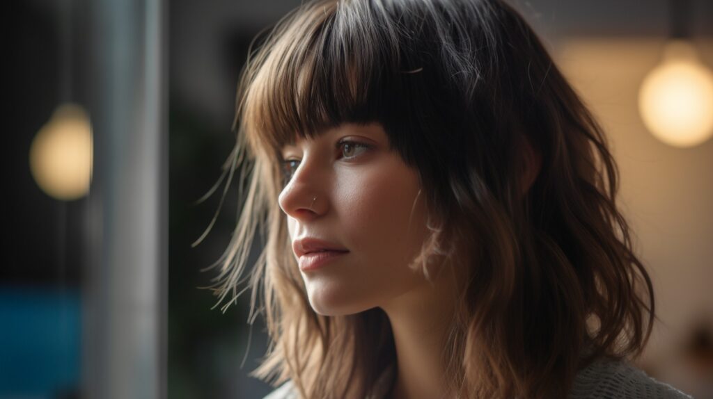Side profile close-up of a young woman with a textured, layered wolf cut hairstyle and full fringe, sitting in a bright modern salon.