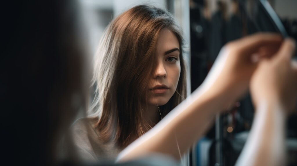 Young woman with a layered wolf cut looking at her reflection in a salon mirror while a stylist adjusts her hair, showing how the style suits different face shapes and hair types