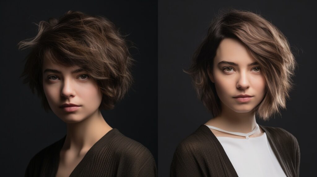 Side-by-side comparison of a young woman with a short textured wolf cut on the left and a smoother butterfly cut on the right, highlighting the differences between the two styles.