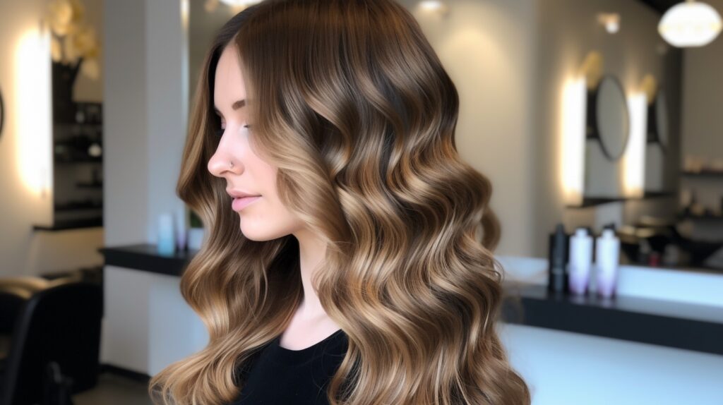 Long wavy hair with hand-painted balayage and soft lowlights blending through, in a bright salon.