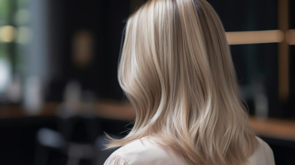 Back view of mid-length blonde hair with subtle foil lowlights adding soft depth and dimension, styled in a bright modern salon.