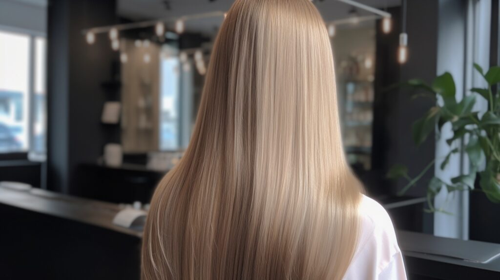 Healthy shiny hair after a hair botox treatment: frizz-free, hydrated, glossy hair close-up, shown in a bright salon environment.