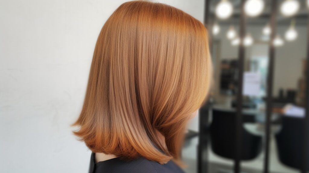 Hair showing long-lasting smoothness from a hair botox treatment: shiny mid-length hair, healthy bounce, realistic salon backdrop.