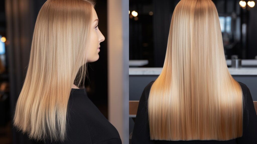 Side-by-side visual comparing hair botox and keratin treatments: two women with smooth shiny hair, one with natural volume, one very sleek, in a salon setting.