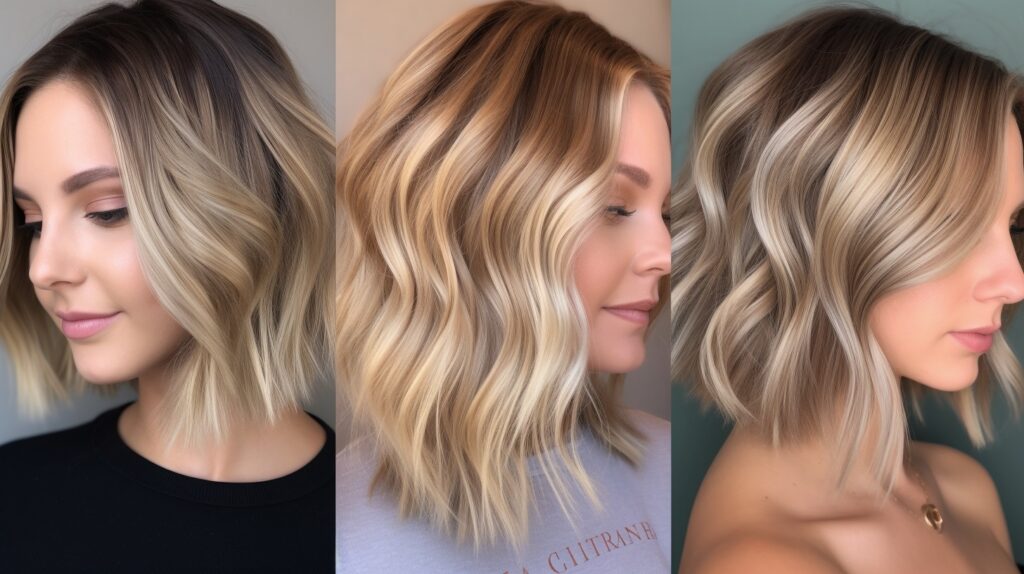 Haircuts that pair well with lowlights: layered bob, soft waves and long layers, shown in a salon chair.