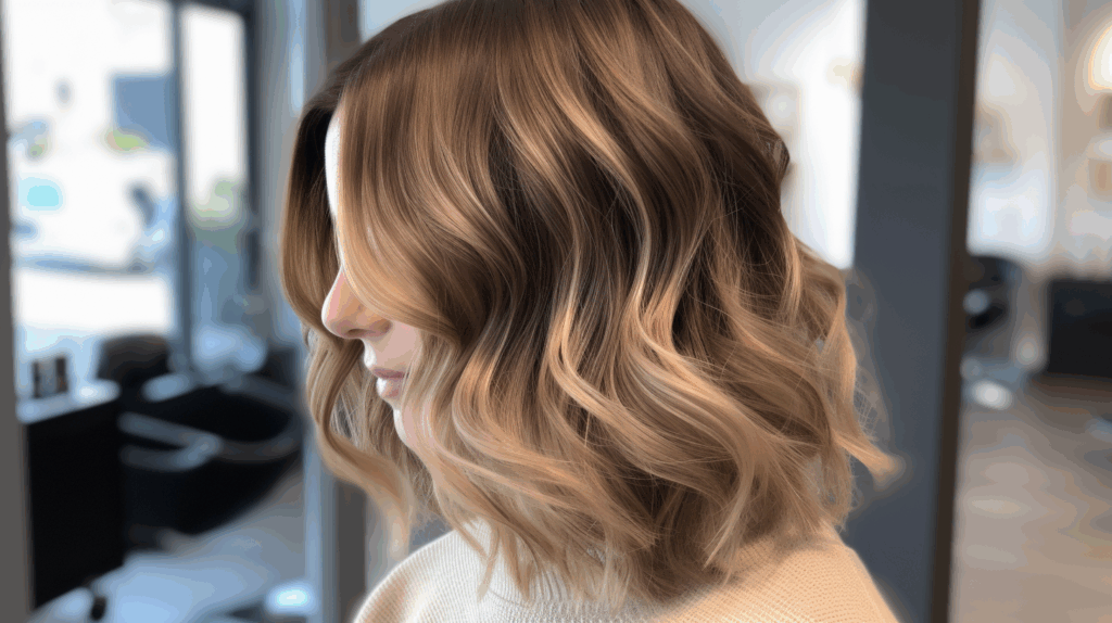 Close-up of healthy highlighted and lowlighted hair with rich, multi-dimensional colour in a bright modern salon.