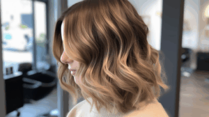 Close-up of healthy highlighted and lowlighted hair with rich, multi-dimensional colour in a bright modern salon.