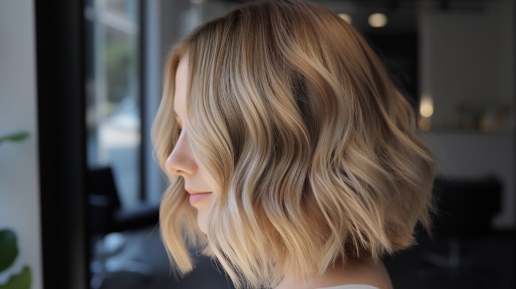 Blonde hair with soft caramel lowlights adding depth and dimension, styled in a bright modern salon.