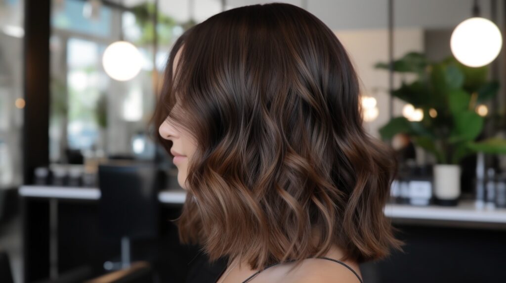 Brunette hair with rich chocolate lowlights creating depth and multi-tone dimension, in a modern salon chair.