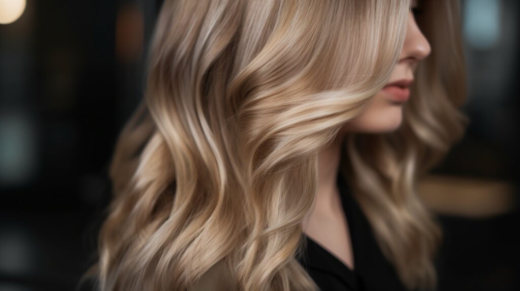 Close-up of hair showing different lowlight placement techniques in a bright salon.