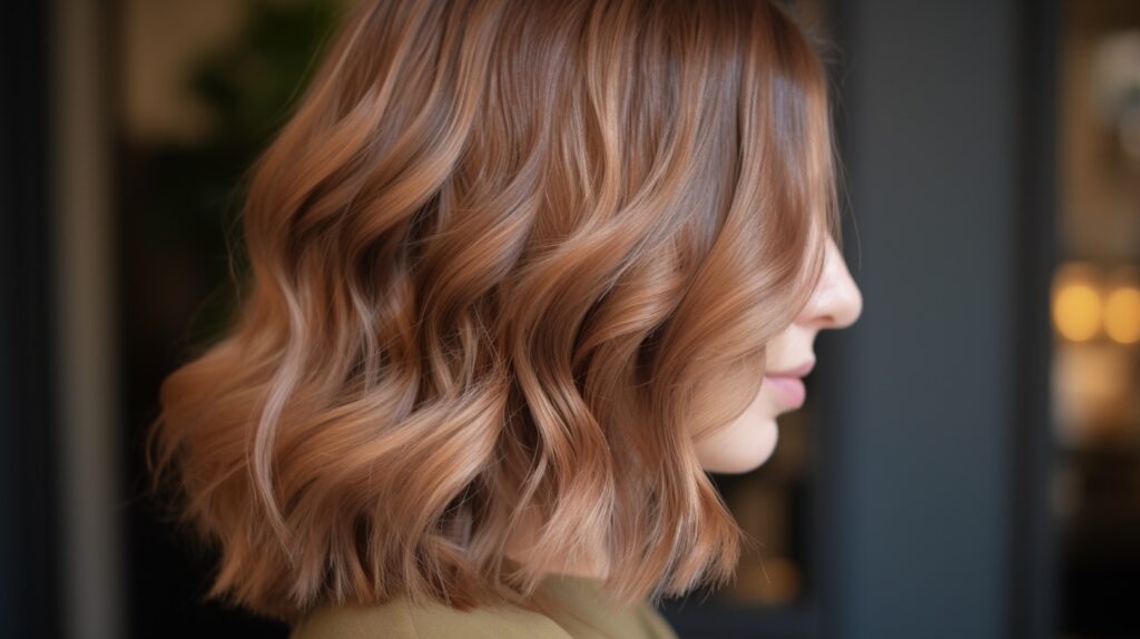 Warm autumn-inspired lowlights on mid-length hair adding soft depth, styled in a modern salon.