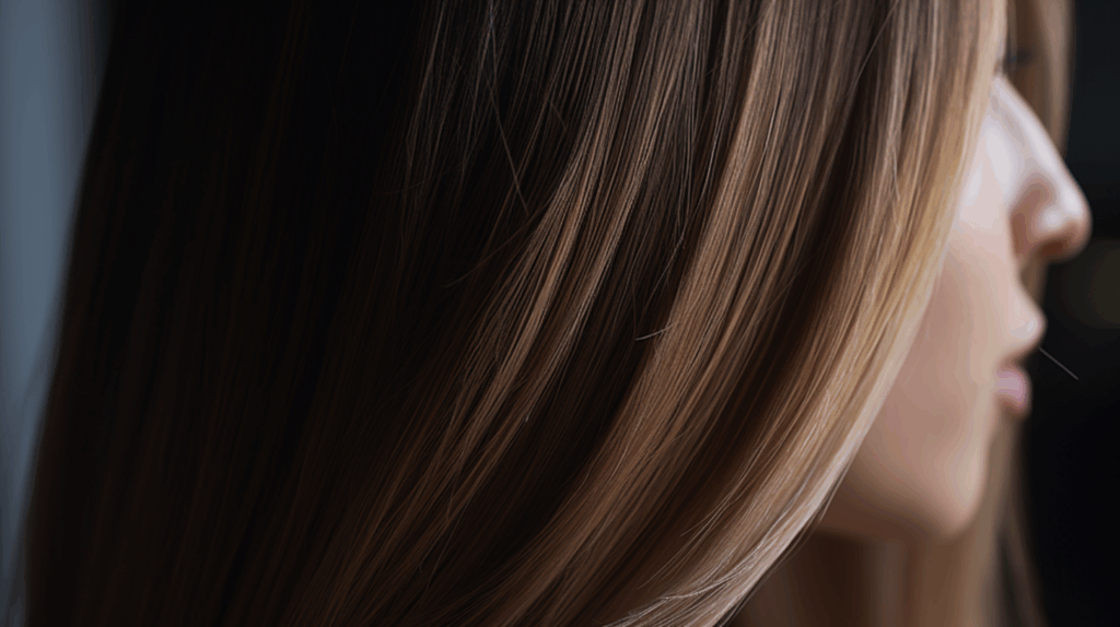 Dimensional hair close-up showing dark lowlight strands blended with lighter base colour, styled in a modern salon chair.