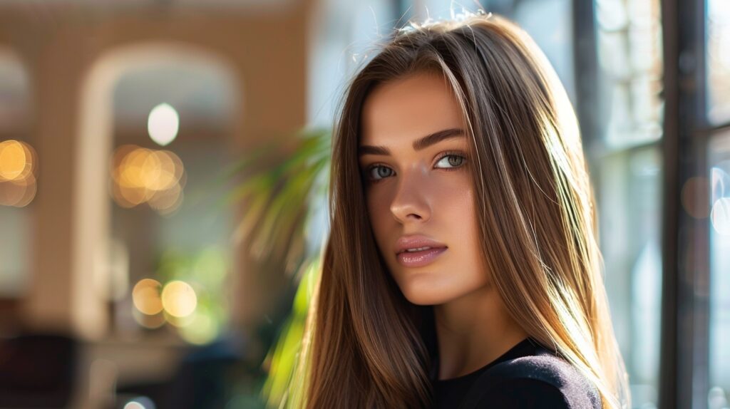 Woman with healthy, smooth shiny hair after hair botox treatment, sitting in a modern bright salon.