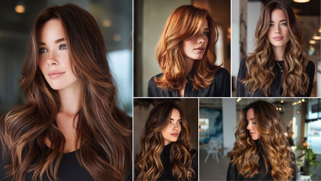 Collage of three women showcasing autumn hair colours: copper red, caramel balayage, and warm brunette shades, styled in soft waves with natural shine.