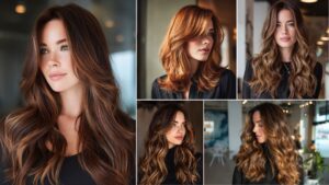 Collage of three women showcasing autumn hair colours: copper red, caramel balayage, and warm brunette shades, styled in soft waves with natural shine.
