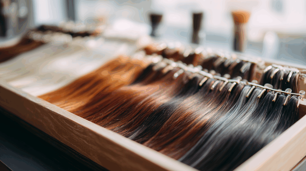 Flat lay of various hair extension types – clip-in, tape-in, keratin bonds, halo – displayed on a salon counter with clean tools and soft lighting.