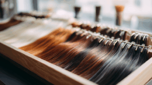 Flat lay of various hair extension types – clip-in, tape-in, keratin bonds, halo – displayed on a salon counter with clean tools and soft lighting.