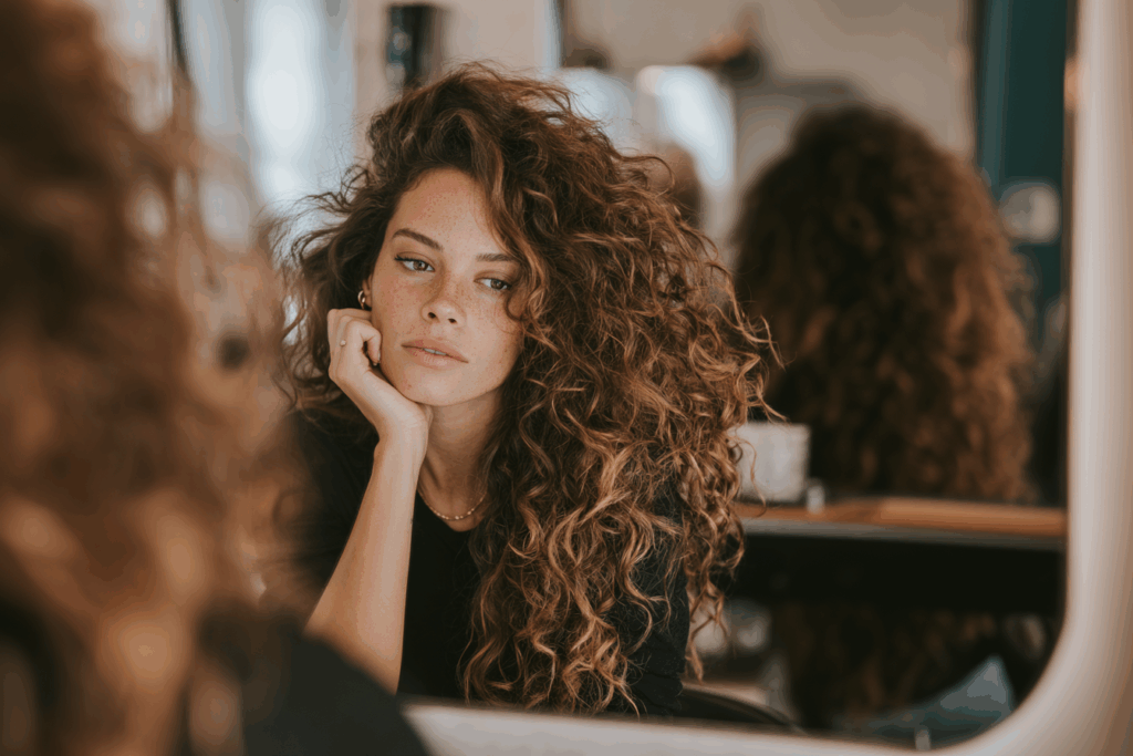 Woman with curly or frizzy hair looking in salon mirror considering a keratin treatment